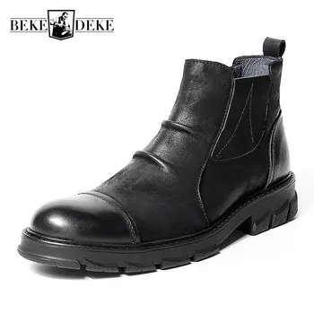 

Brand New Vintage Mens Genuine Leather Chelsea Boots British Round Toe Thick Bottom Casual Male High Top Nubuck Cowhide Shoes