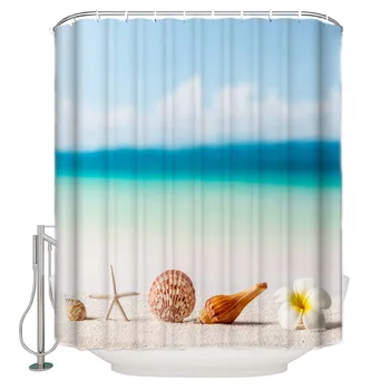 

Tropical Beach Shell Conch Starfish Flower Sea Bathroom Curtain Polyester Fabric With 12 Hooks Waterproof Shower Curtain