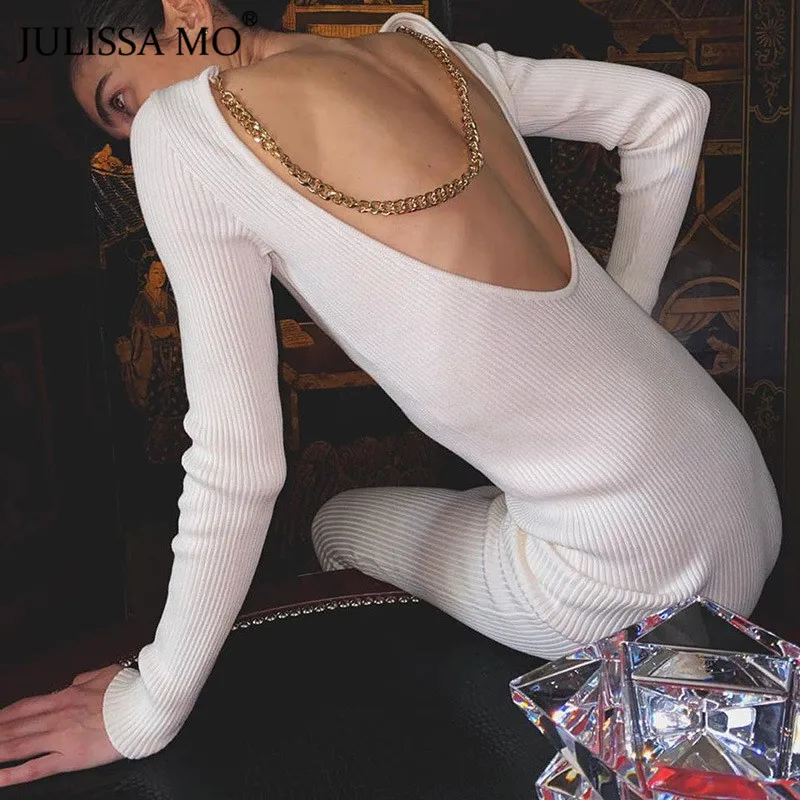 Женское длинное платье JULISSA MO с металлической цепочкой и открытой спиной Осенние