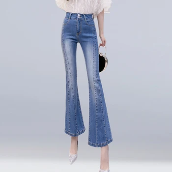 

New High Waist Women Jeans Flare Pants Slim Breasted Stretch Elegant Woman Denim Jeans Casual Spring Summer Female Pants