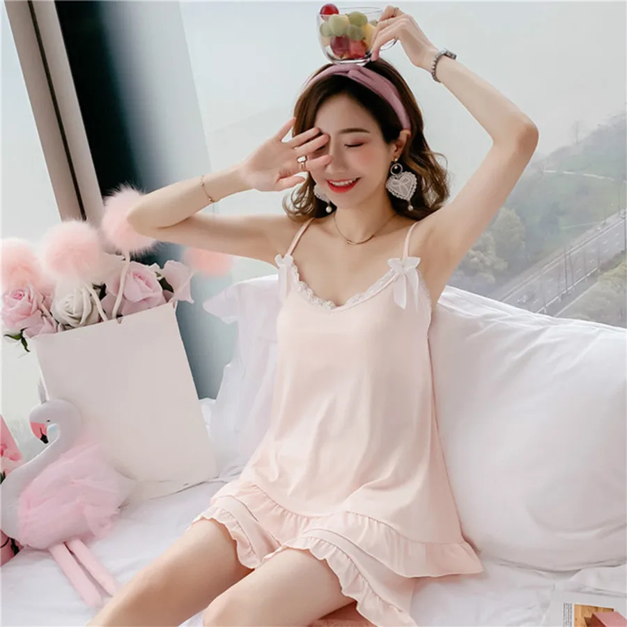 

Summer 2pcs Women Pajamas Sets Sweet Girl Ruffle Bow Spaghetti Strap Camisole Shorts Sleepwear Lingerie Sexy Plus Size Nightgown