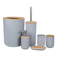 Bathroom Accessories Set Bamboo Plastic Bathroom Kit Toothbrush Cup, Soap Dispenser, Soap Dish, Toilet Brush Holder,Trash Can