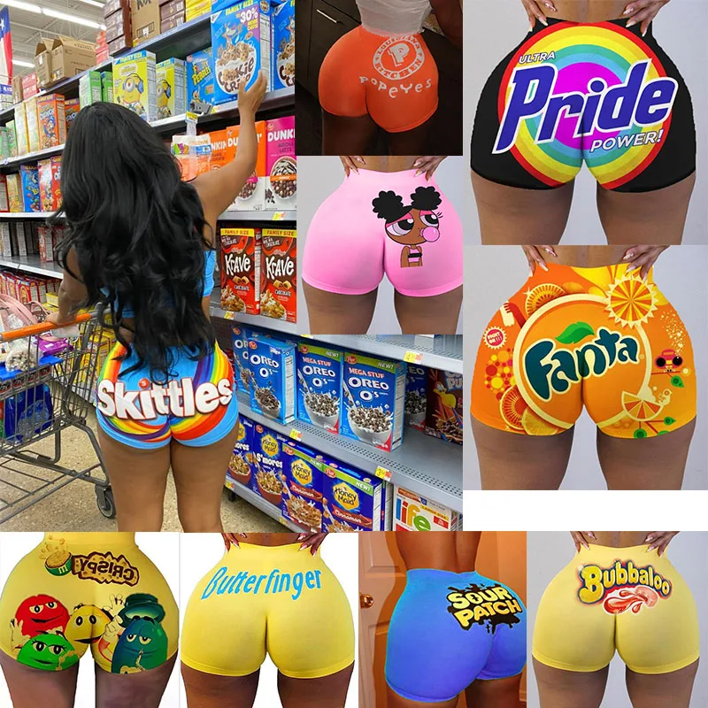 Candy Bar Shorts Women Booty Mini Hot Sexy Club Party Fitness Push Up Skinny Snack Snickers Shorts Caution Slippery When Wet