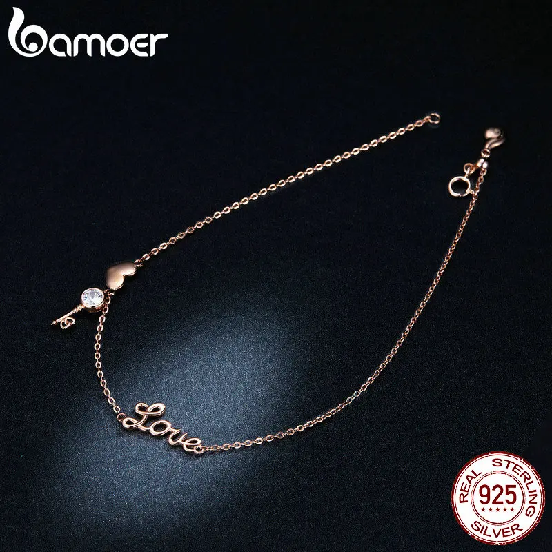 Bamoer Love Key серебряные анкетки для женщин розовое золото цвет 925 пробы Серебряное сердце браслеты с буквами для лодыжки ювелирные изделия GAT001