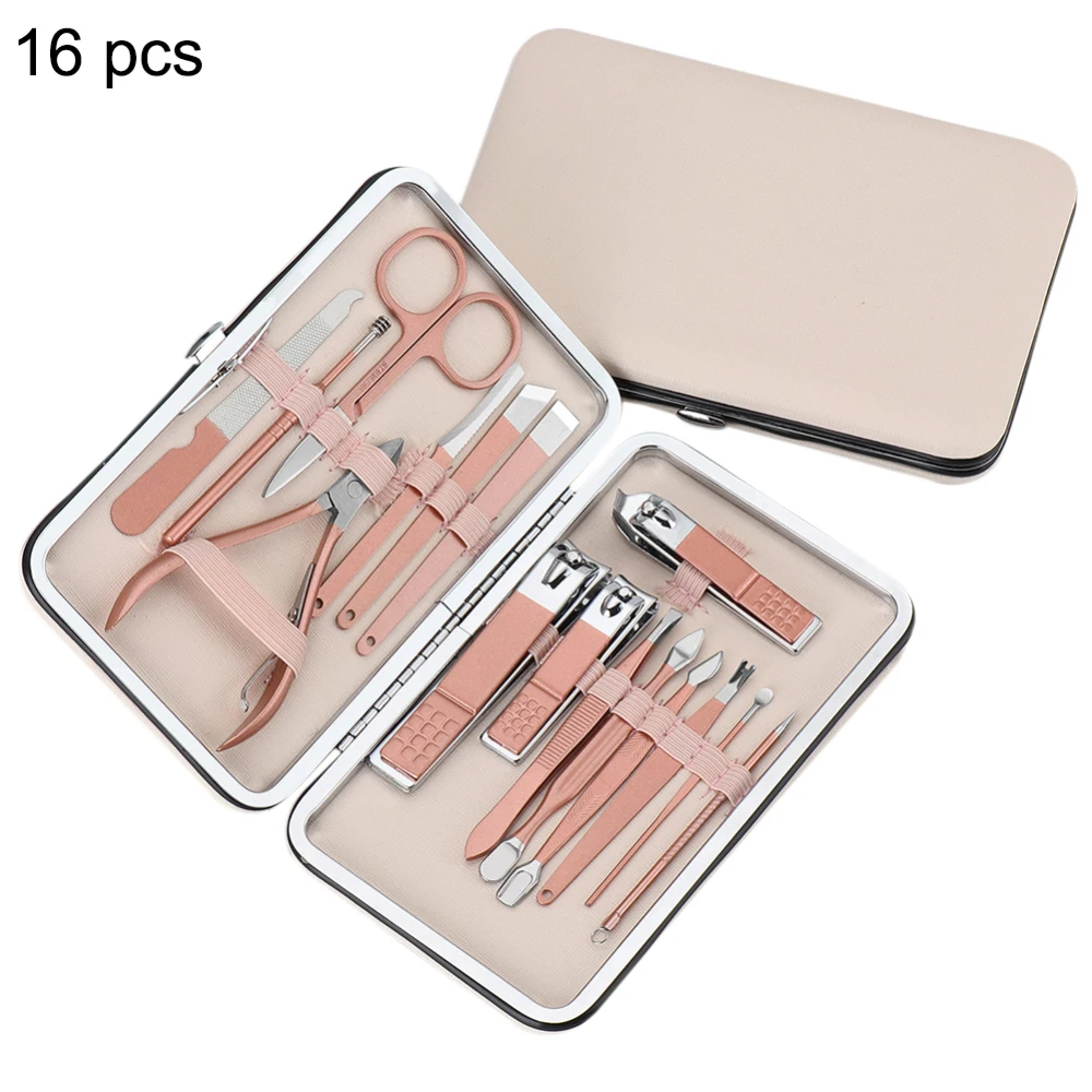 Rose Gold 16PCS Ножницы для ногтей из нержавеющей стали, набор для маникюра, педикюра, набор для ухода - Цвет: Rose Gold 16PCS