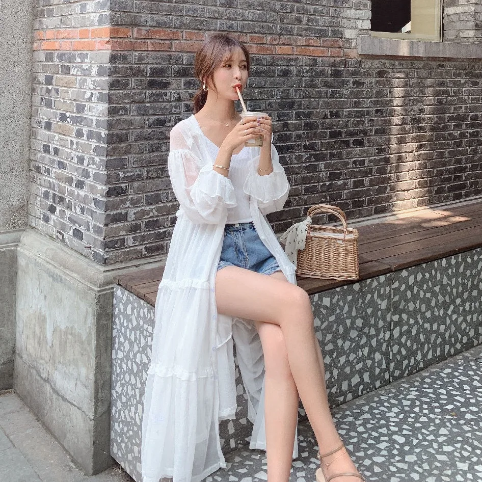 

Photo Shoot CHIC Gentle White Long Style V-neck Single Breasted Loose-Fit BF Bell Sleeve Big Hemline Sun-resistant Shirt Dress