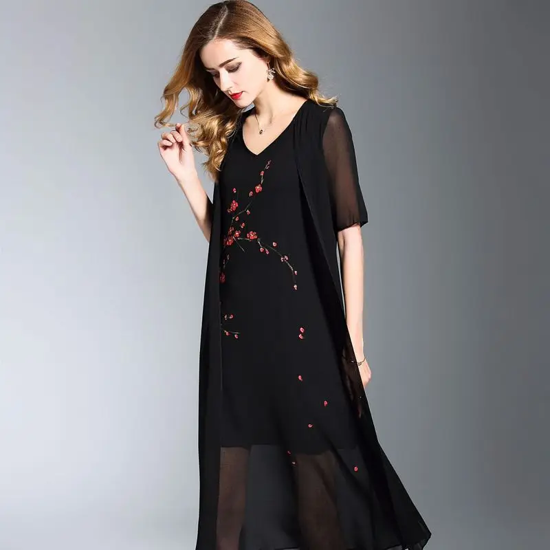 2019 Rushed Summer Chinese Wind Modified False Two Classical Cheongsam Hand-painted Long Qipao With Short Sleeves Chiffon Dress | Свадьбы и