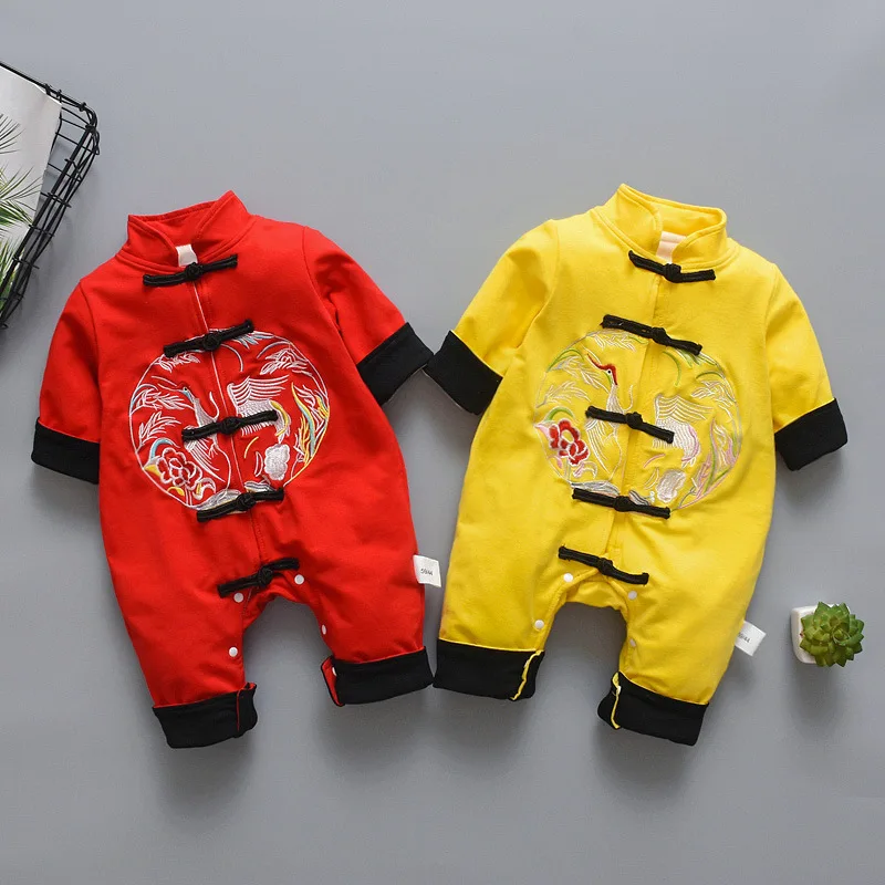 

New Born Baby Winter Warm Clothing Chinese Style Embroidery Hundred Days Rompers Infant Baby Autumn Thick Double Layer Jumpsuit