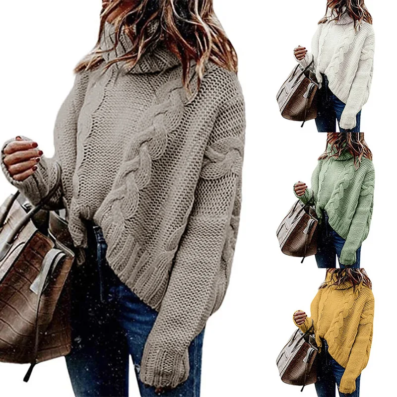 

2019 autumn and winter solid color sweater loose large size pullover sweater long sleeve head high collar twist sweater