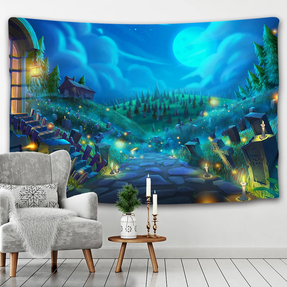 Magic Forest Mushroom Castle Tapestry, Fairy Tale Adventure Dream