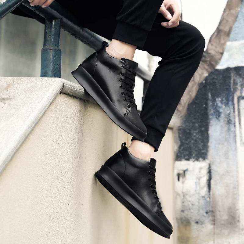 Perth Blackborough haj Lagring High quality all Black Men leather casual shoes Increase Simple Pure Black  Sneakers Fashion Breathable Sneakers Heightening shoe _ - AliExpress Mobile