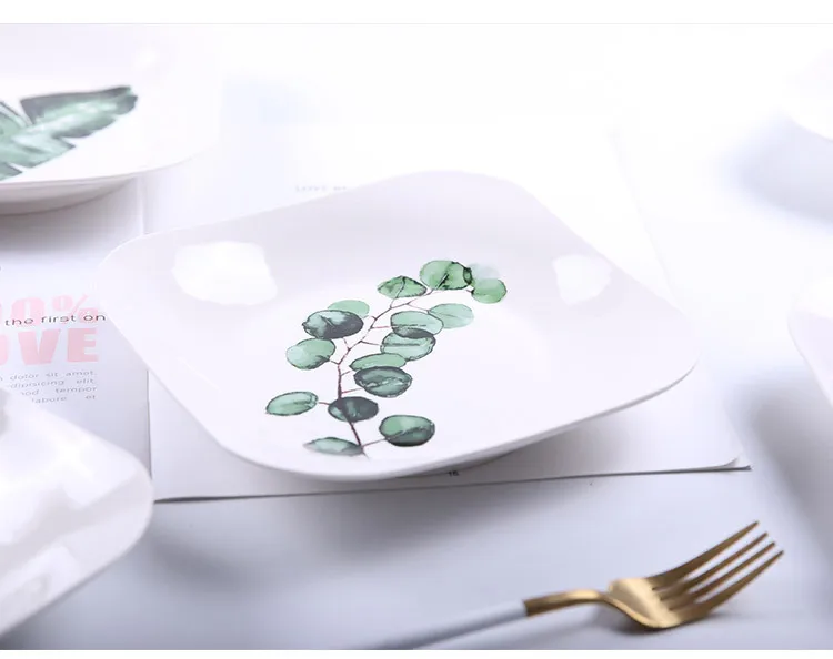 Northern European-Style INS Tableware Green Vegetation Ceramic Plate Creative Square Plate Bowl Dish& Plate Set Household Weste