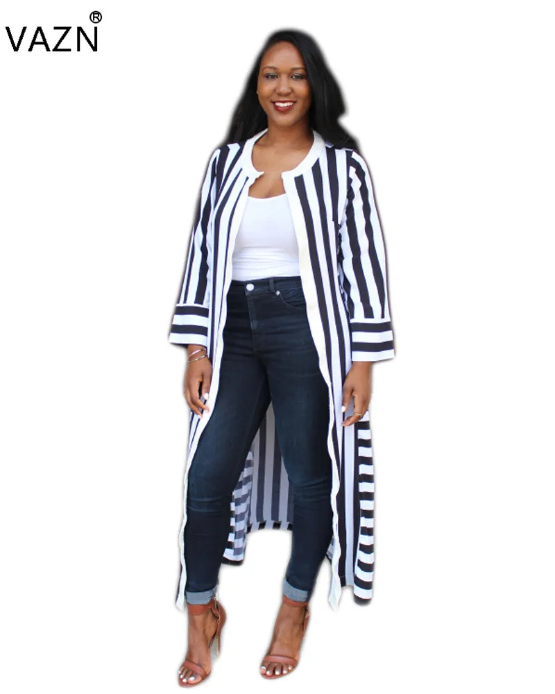 

HHDMV 2019 New Arrive Casual Turn-down Collar Long Coats Women Full Sleeve Striped Split Overcoat Ladies Casual Outwear N9040-1