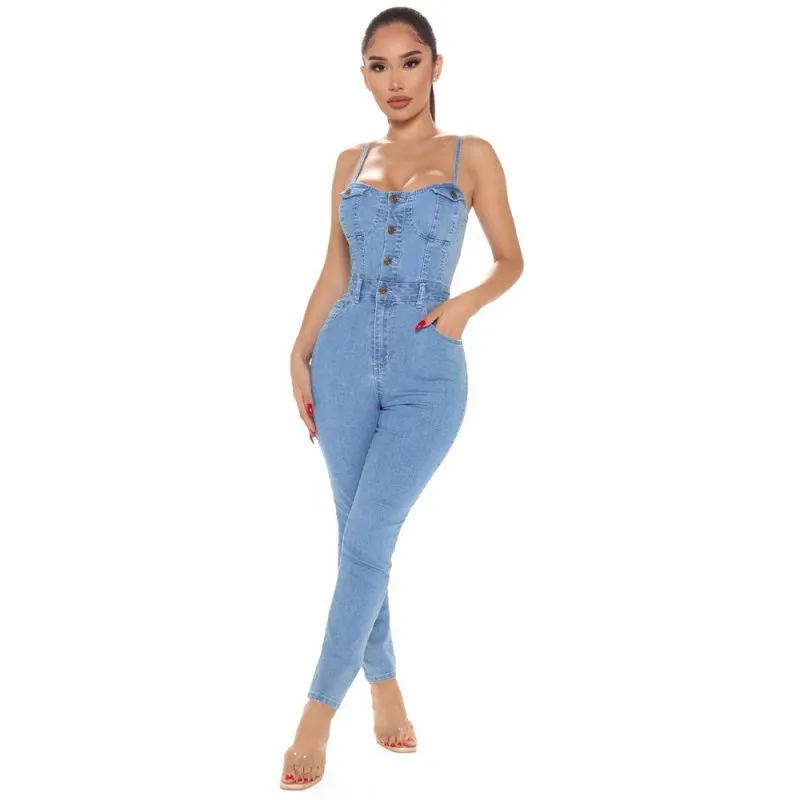 Casual Classic Jeans Jumpsuit Women Summer Spaghetti Strap Slash Neck Denim Rompers Elegant Fashion 2020 Women Clothes Button Casual Classic Jeans Jumpsuit Women Summer Spaghetti Strap Slash Neck Denim Rompers Elegant Fashion 2020 Women Clothes Button