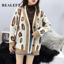 REALEFT, Осень-зима, длинный рукав, женский кардиган, свитер, модный, пэчворк, Повседневный, вязанный, свободный, женский свитер, новинка