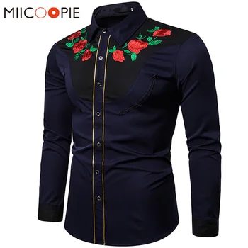 

Floral Shirt Men Hawaiian Print Casual Rose Embroidery Stitching Color Long Sleeve Western Shirts Men Dress Social Streetwear