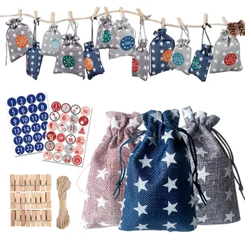 

Festival Decoration Gift Storage Bags With Wood Clips Sticker+10m Rope Christmas Gift Pouch Ornaments For Home Office Deco