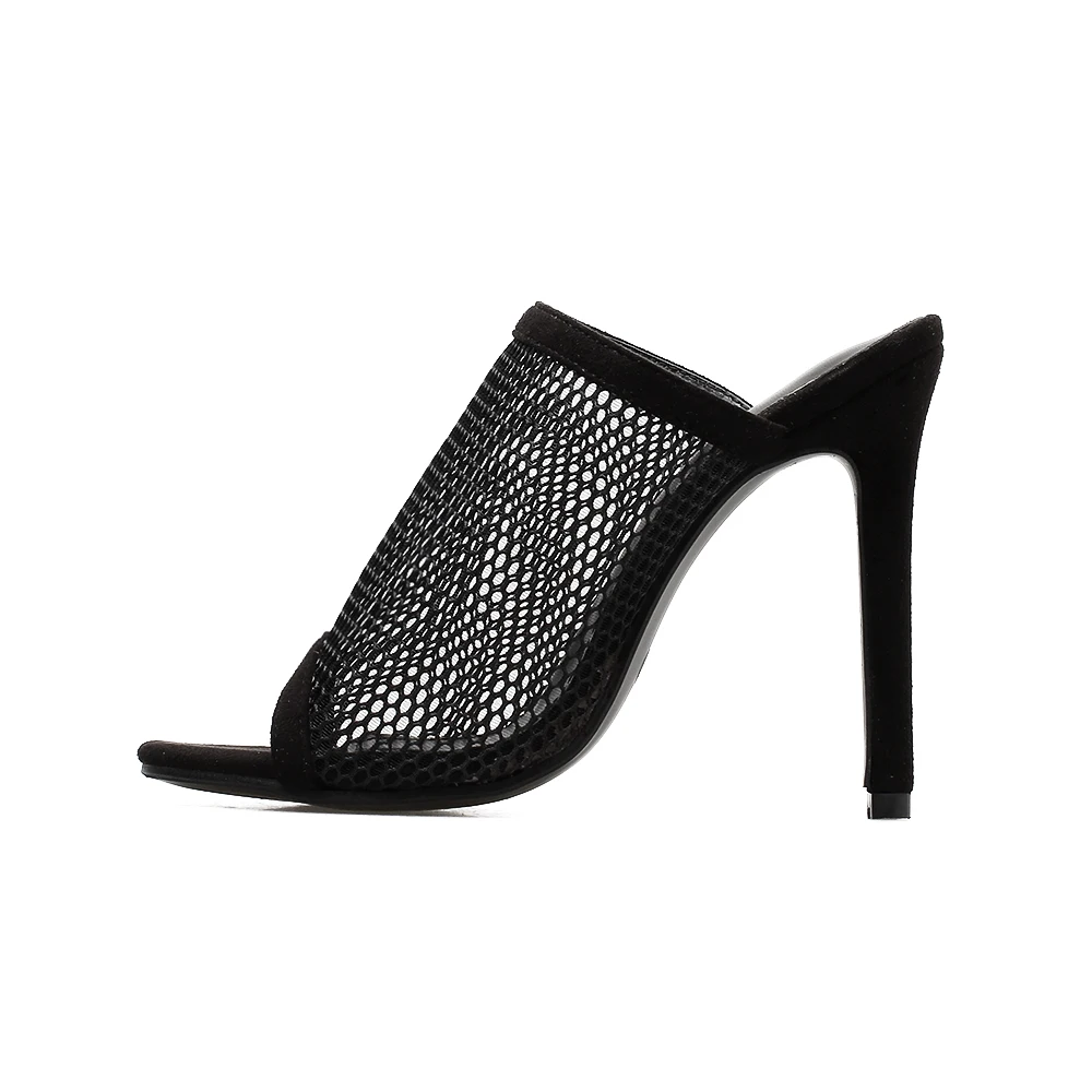 

2020 Newest Sexy Mesh Woman Sandals Extreme High Heels Black Elegant Peep Toe Stilettos Hollow Out Summer Sexy Office Shoes
