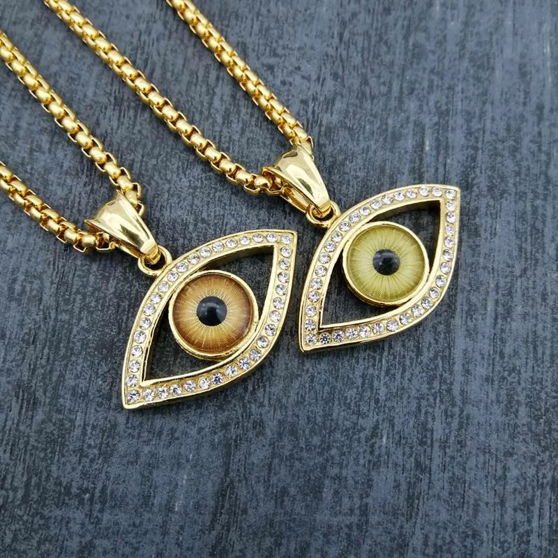 

Hip Hop Iced Out Brown Turkish Evil Eyes Pendant Necklace fior Men Women Stainless Steel Box Choker Couple pendants Dropshipping