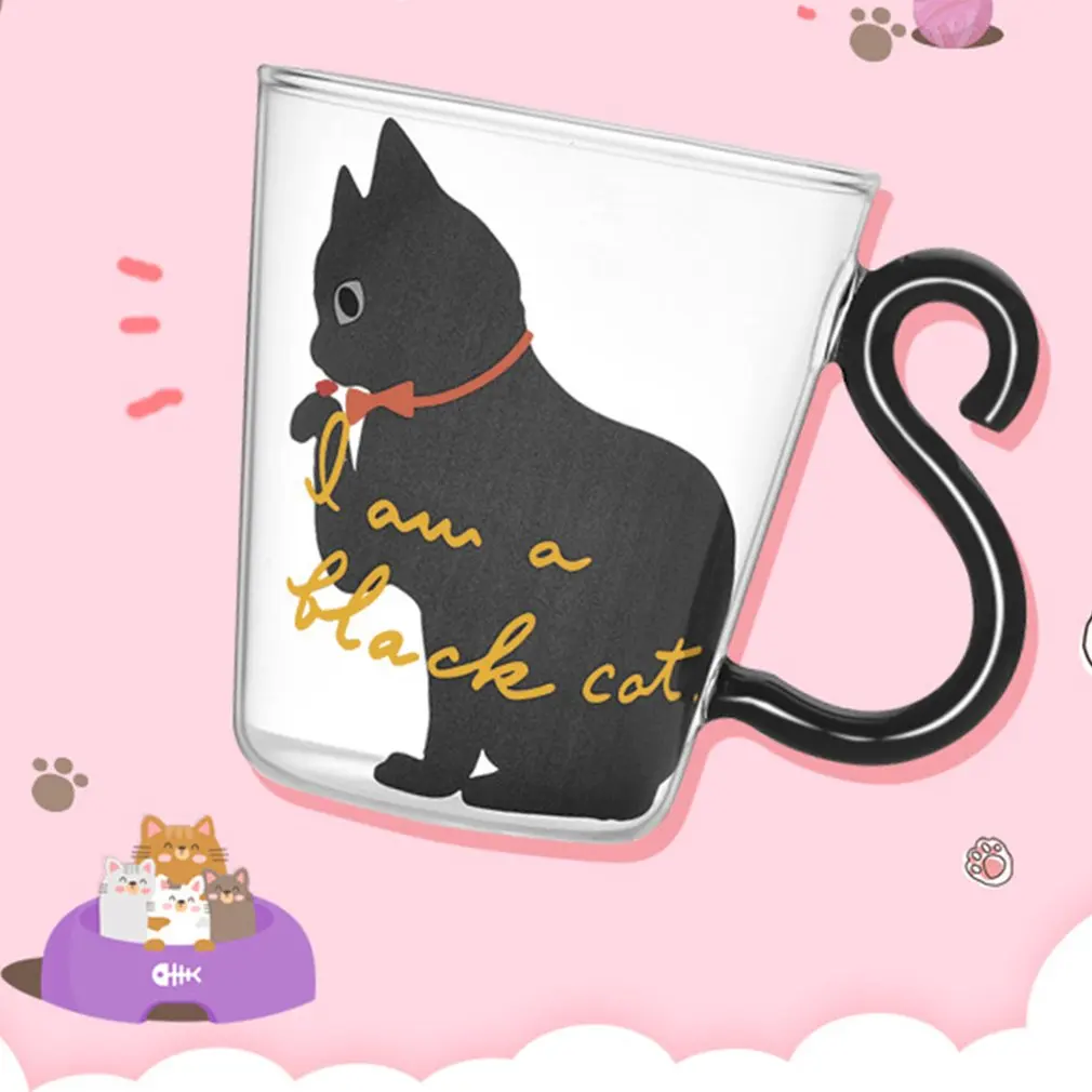 Cute Kitty Glass Water Cup Cat Tail Handle Mug Milk Tea Coffee Fruit Juice Mug Drinkware Home Office Cup Lovers Gifts