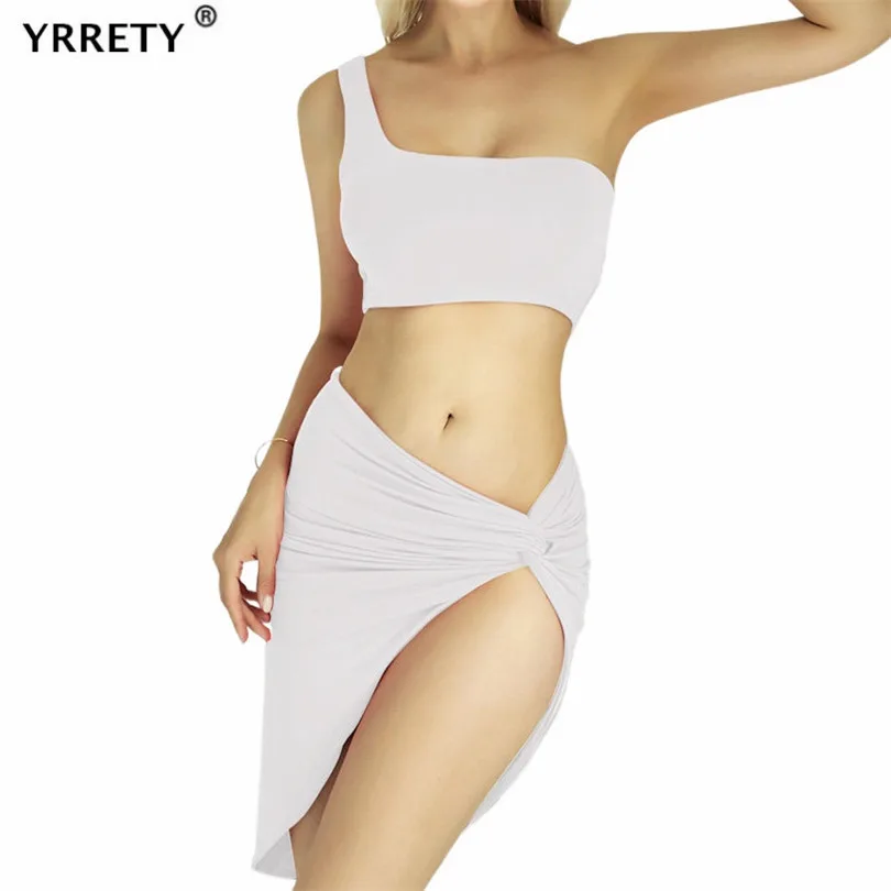 YRRETY Two Piece Set Women White Crop Top One Shoulder Sexy Backless High Waist Twist Side Split Bodycon Skirts Summer Clothes |