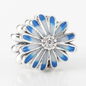 

Free Shipping 2020 Garden Blue Daisy 925 Sterling Silver Beads Charms Fit Original Pandora Bracelet For Women DIY Jewelry