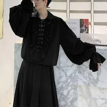 

Fall New Women Fashion Vintage Ruffles Blouse Long Flare Sleeve Lace-Up Shirt Turn Down Collar Black White Shirt Top