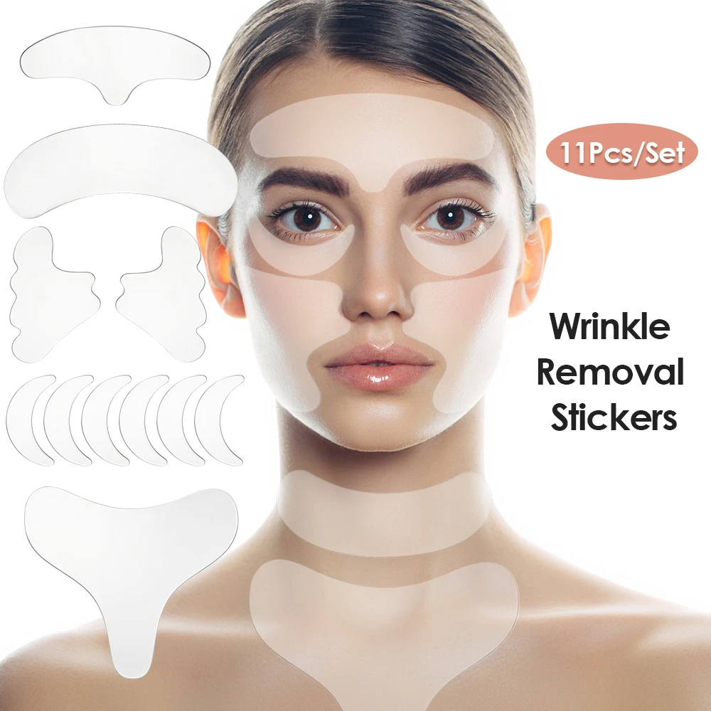 Reusable silicone wrinkle removal stickers applied on face, showcasing their effectiveness in smoothing out forehead and under-eye wrinkles.