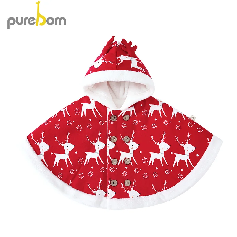 Christmas Red Pureborn/детское рождественское пончо унисекс с капюшоном и изображением оленя из мультфильма; накидка на сиденье автомобиля с плюшевой подкладкой; зимние куртки; пальто - Цвет: Christmas Red