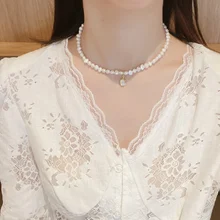 

Dongdaemun Socialite Style Moonstone Freshwater Pearl Necklace Baroque Retro Temperament Clavicle Chain for Women Girls New