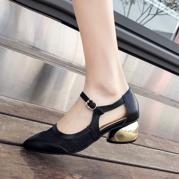 

Korean-style New Style Sandals Women's 2020 Spring Genuine Leather Polka Dot Gauze Pointed-Toe Electroplated Semi-high Heeled WO