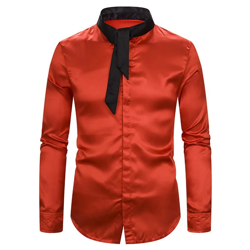 HEFLASHOR стильная шелковая атласная рубашка с контрастным воротником, мужская приталенная рубашка с длинным рукавом, мужская Молодежная рубашка в студенческом стиле с галстуком