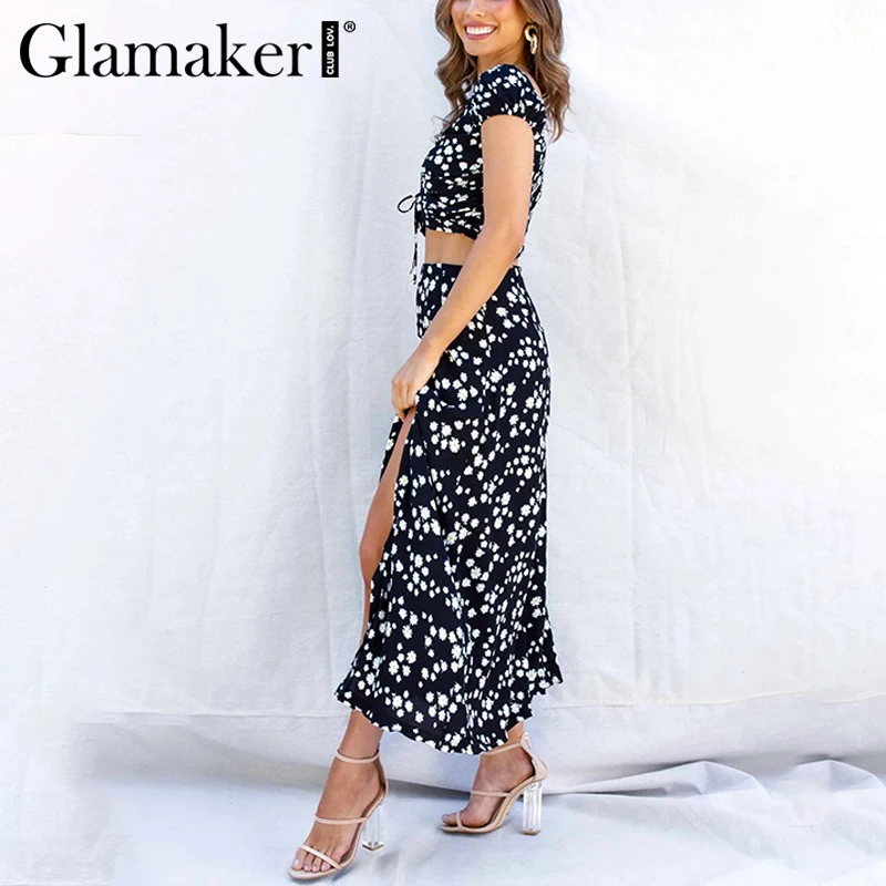 Glamaker, сексуальный комплект из 2 предметов, цветочное облегающее макси платье, короткий топ, праздничное пляжное длинное платье с высоким разрезом, элегантное весеннее платье
