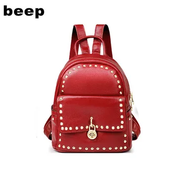 

Beep Women Genuine Leather backpack rivet fashion real cowhide bag luxury designer bags famous brand women bags 2020 new
