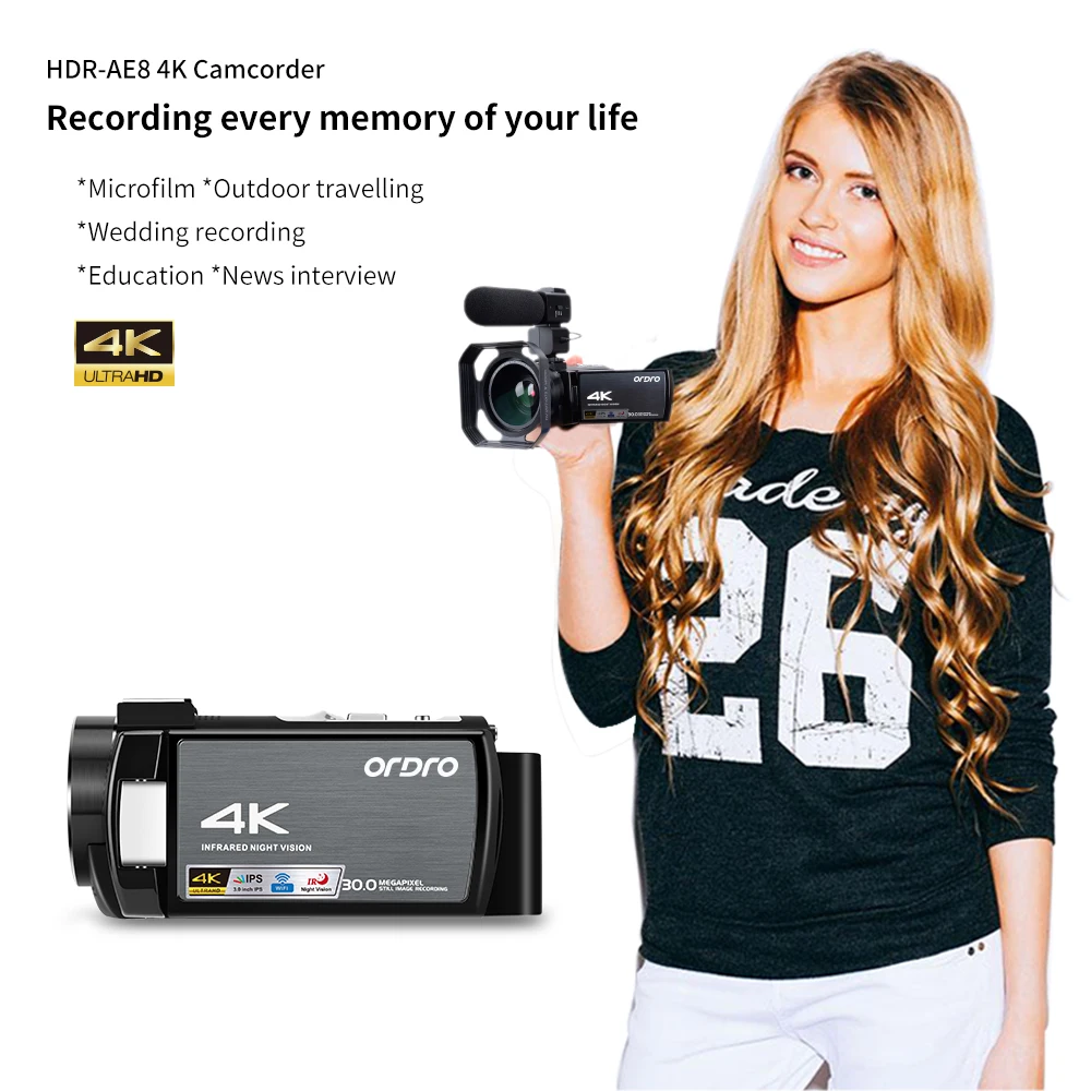AE8 Digital Camcorder 4K Digital Video Camera Upgrade 3.0 IPS Full HD Camera IR Infrared Night Vision with Microphone