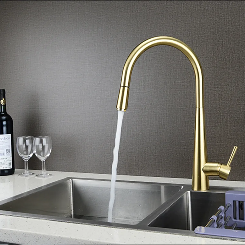 Brass Brushed Gold Kitchen Faucet Pull Out  Sink Water Tap Single Handle Mixer  360 Rotation  Shower 