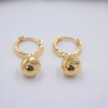 

Real 18K Yellow Gold Hoop Earrings Woman's Girl Carved Shine Ball Earrings 24mmH New Gift