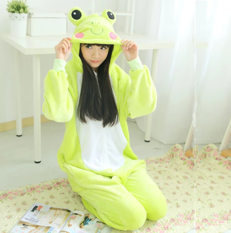 Единорог onesies зима аниме Ститч коала комбинезоны для женщин и мужчин ночное белье Unicornio Pijima взрослых фланелевые пижамы - Цвет: Frog