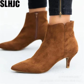 

SLHJC Women Autumn Boots Med Spike Heel Pointed Toe Side Zip Short Ankle Boot Plus Size Female Modern Classic Leopard Pumps