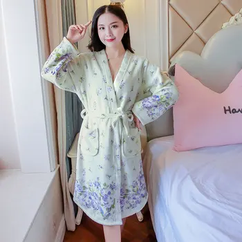 

Long Bathrobe Women Flannel Bath Robe Winter Flannel Women's Long Sleeve Thick Warm Belt Nightgowns Large Size Sleepwear 8461#