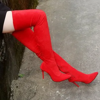

2020 Faux Suede Slim Over The Knee Boots Winter Women Boots Sexy Thigh High Heel Boots Female Shoes Woman Overknee Boots Size 43