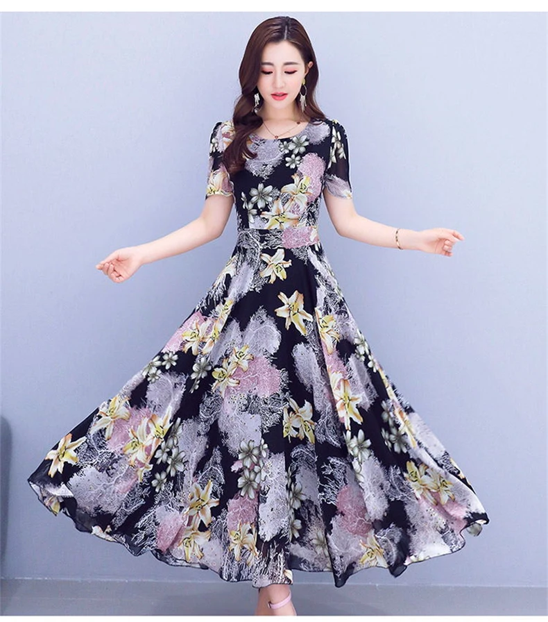 Floral Print Chiffton Short Sleeve O-Neck Ankle-Length A-Line Black Navy Blue Red Slim Big Swing Summer Cocktail Dresses 9269 | Свадьбы и