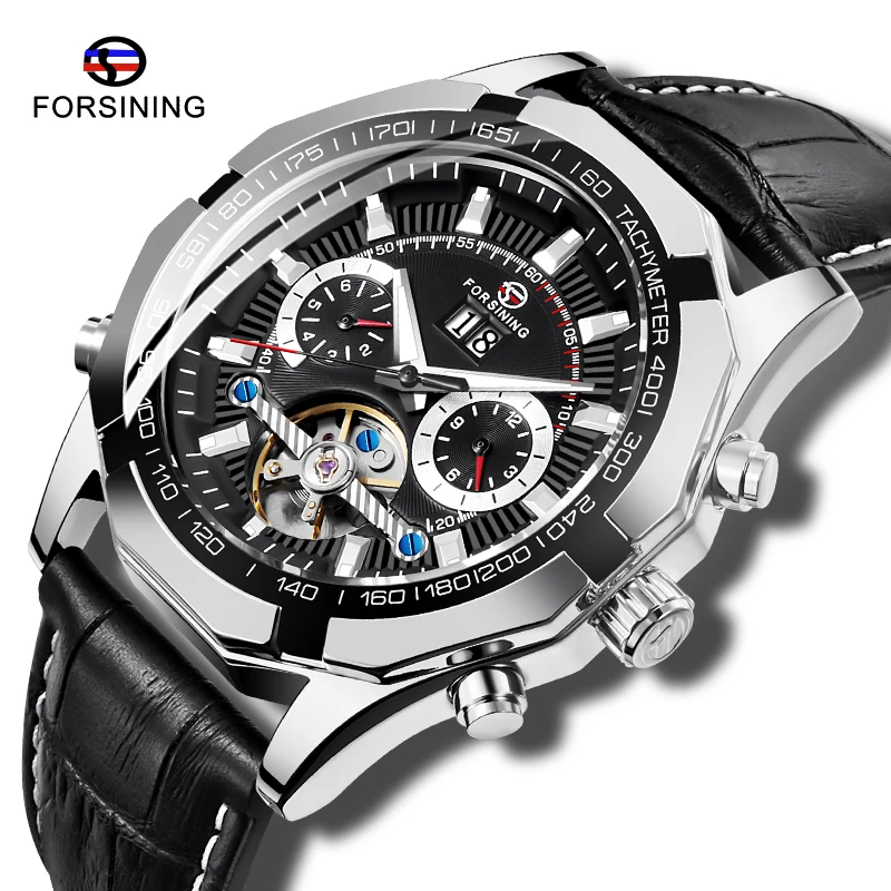 FORSINING, модные мужские Tourbillon, автоматические часы, Серебряный Скелет, кожаный ремешок, военные механические наручные часы, мужские спортивные часы