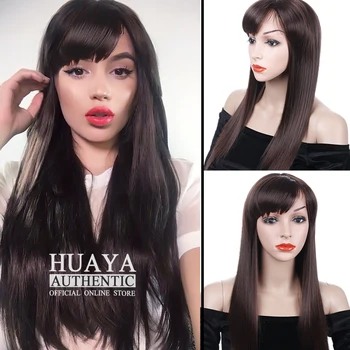 

HUAYA Dark Brown Long Straight Wig With Bangs Heat Resistant Fiber Synthetic Hair Women Cosplay Daily Party Wig