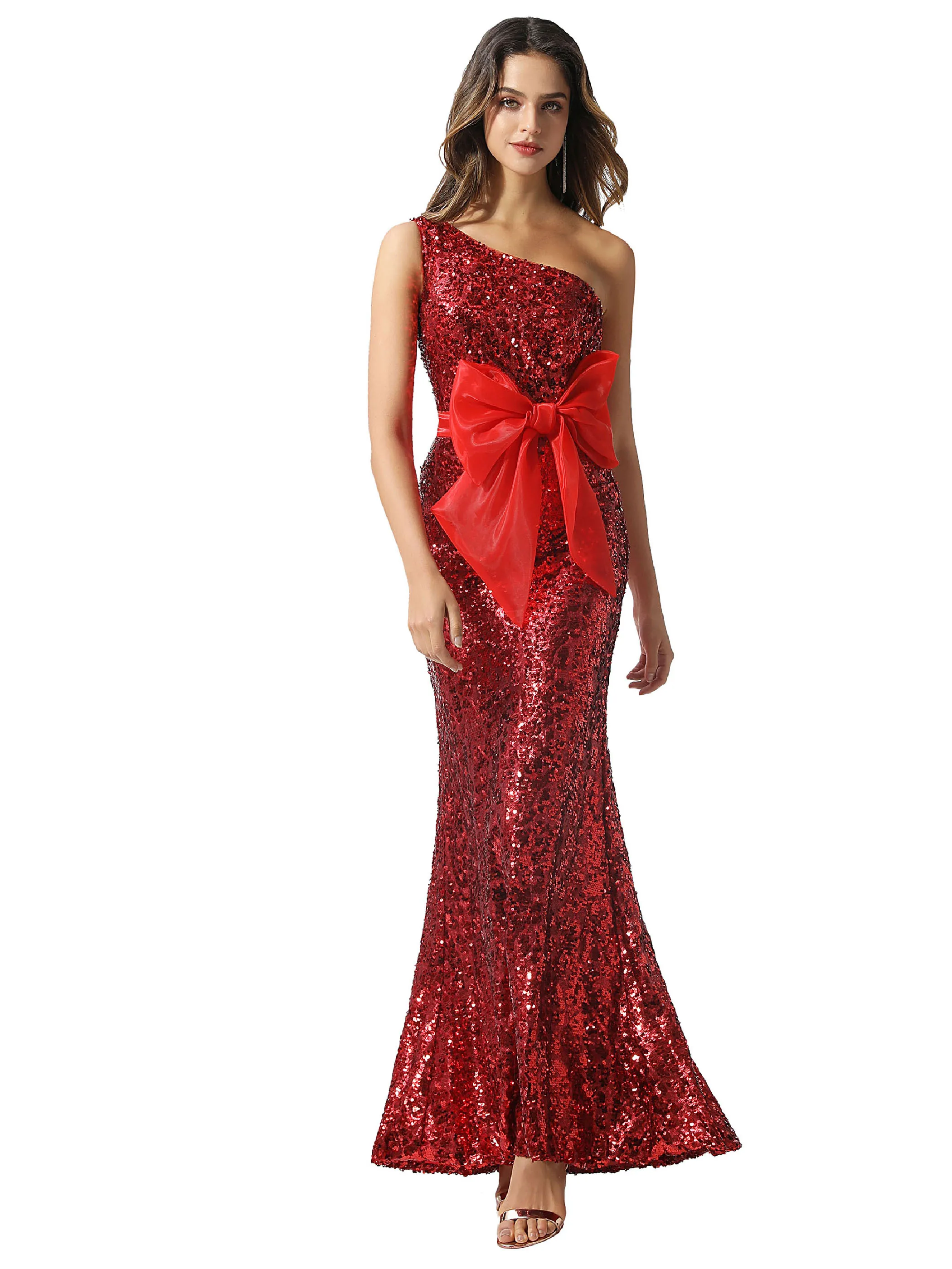 

Tanpell Red Sequins Evening Dress Simple One Shoulder Bowknot Sleeveless Sheath Floor-Length Formal Custom Evening Dress 2020