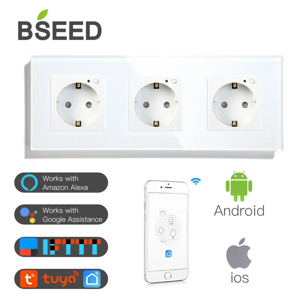 BSEED Wifi Triple Socket EU Standard Wall Socket 16A 110V-250V White Black Gloden Crystal Glass Panel For Smart Home
