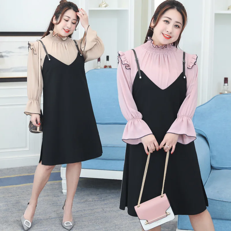 

2019 Spring New Products Large Size Dress Fashion Fresh Two-Piece Set Korean-style Graceful Set a Generation of Fat 6687