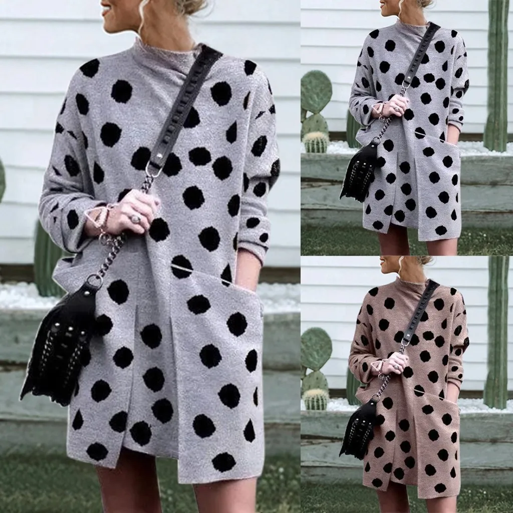 

Winter Autumn Dress Women 2019 Casual Loose Gary Polka Dot Dress Women Long Sleeve Patchword Pockets Streetwear Woman Clothes