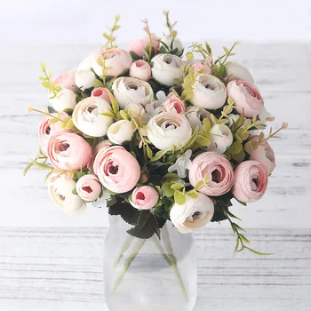 

European Vintage Artificial Silk Tea Rose Flowers 6 head 4 Small bud Bouquet Wedding Home Retro Fake Flower Party DIY Decoration