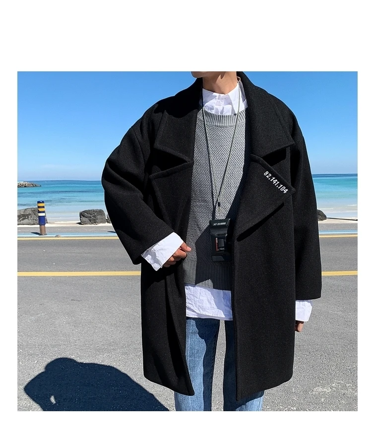 Зимнее Новое утолщенное шерстяное пальто для мужчин, теплое модное Однотонное шерстяное пальто с v-образным вырезом, Мужская Уличная одежда, Свободное длинное пальто для мужчин